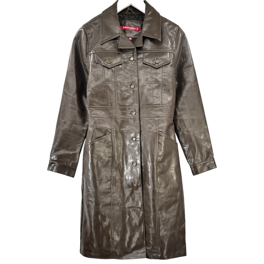 Vintage Jennyfer J Dark Brown Leather-Like Vinyl Coat sz M